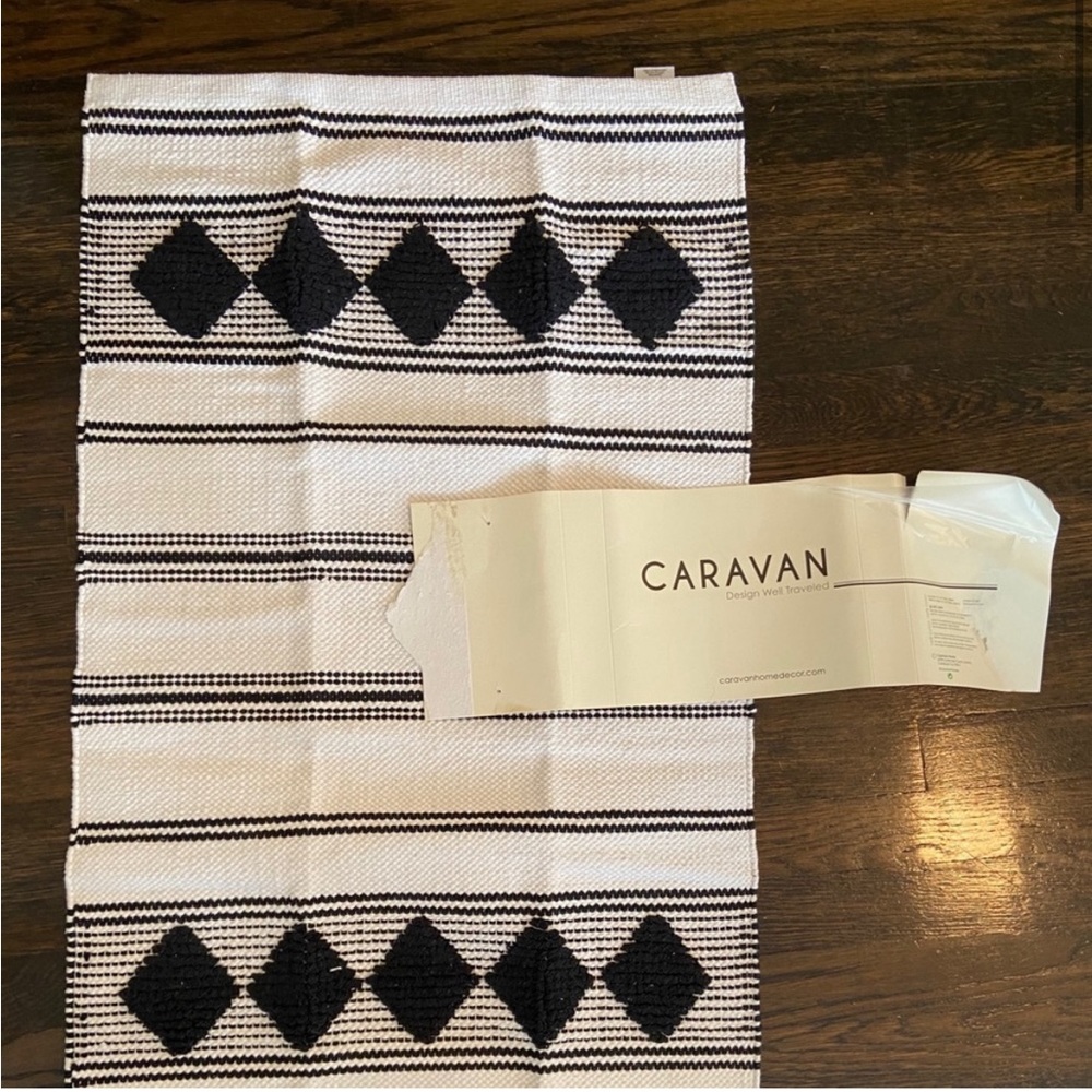 Area Rug - CARAVAN - black and white woven thick cotton - diamond & stripe boho
